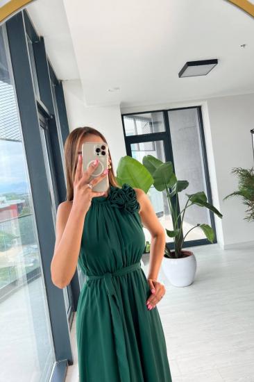 Zümrüt Yeşil Şifon Astarlı Gül Broşlu Rose Elbise