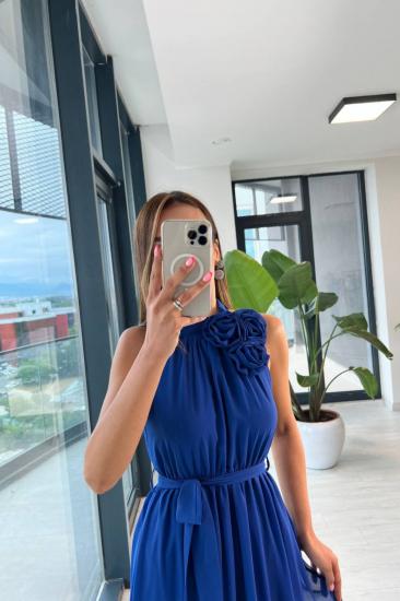 Saks Mavi Şifon Astarlı Gül Broşlu Rose Elbise