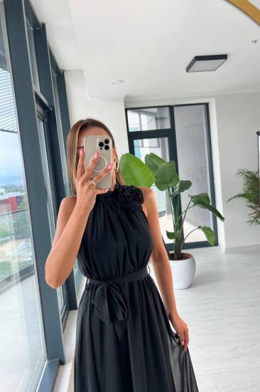 Siyah Astarlı Gül Broşlu Rose Elbise