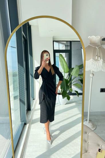 Siyah Bağlama Detaylı Crep Kalem Elbise