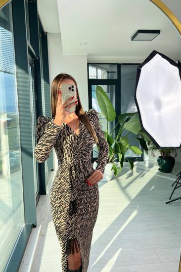 Zebra Desen Fitilli örme Krep Kumaş Kalem Elbise