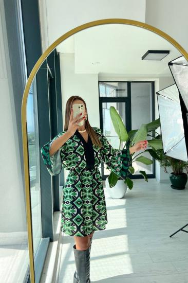 Yeşil Premium Saten Kumaş Kimono Kol elbise