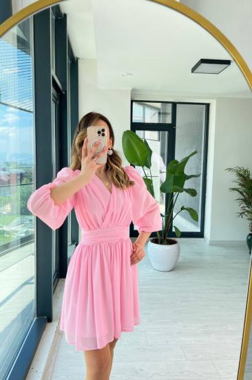 Barbie Pembe Tasarım Şifon Astarlı Mini Elbise