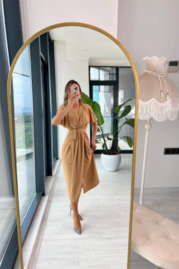 Camel Astarlı Yırtmaç Detaylı Elbise