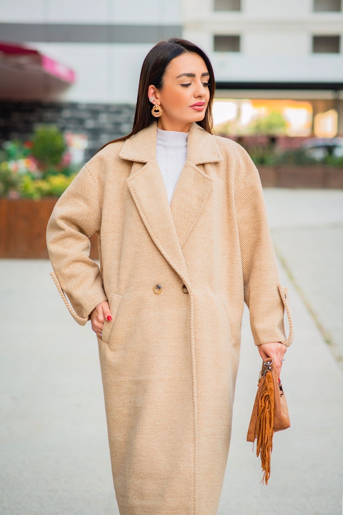 Oversize Camel Kol Detaylı Standart Kaban