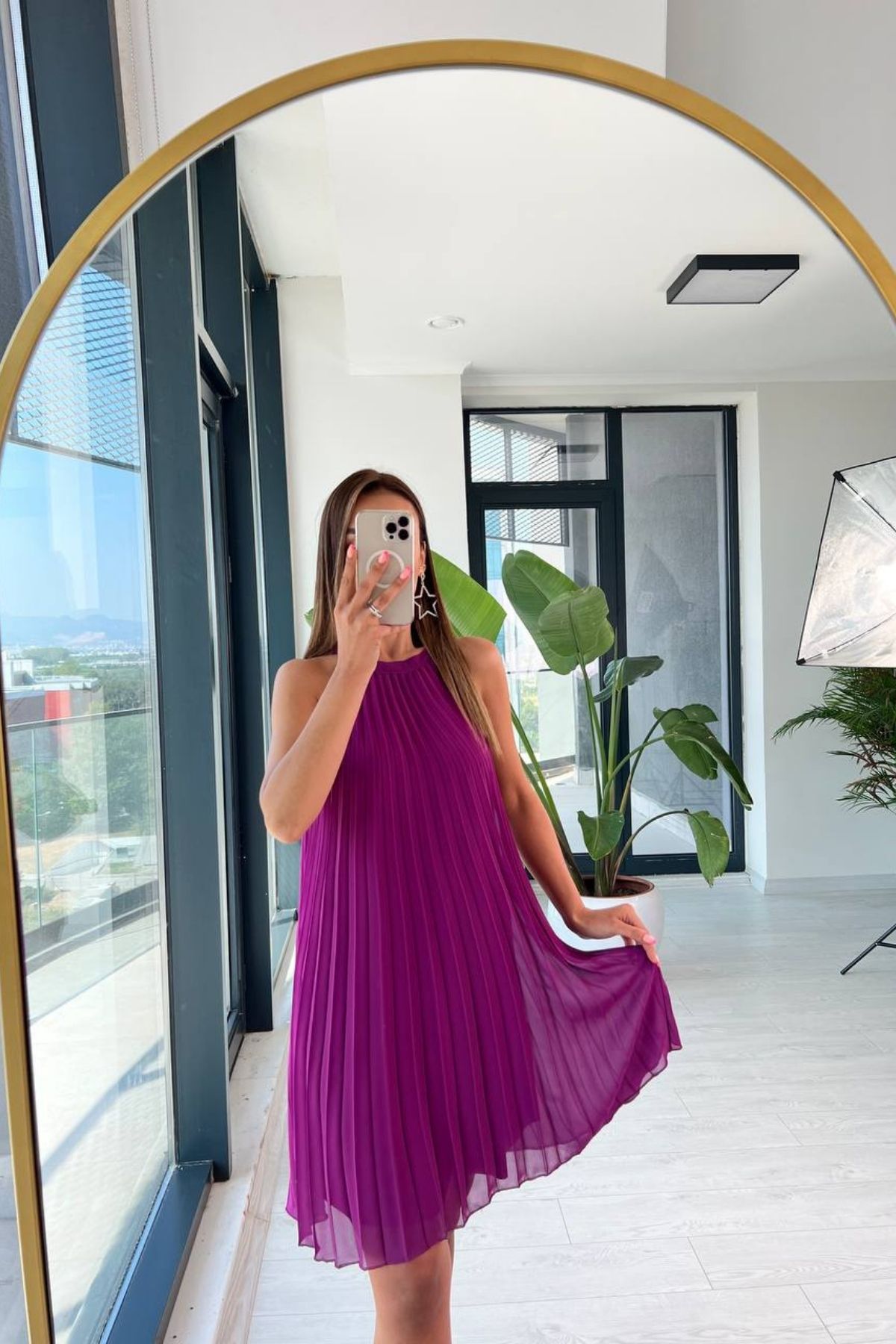Mor%20Piliseli%20Astarlı%20Halter%20Yaka%20Şifon%20Elbise