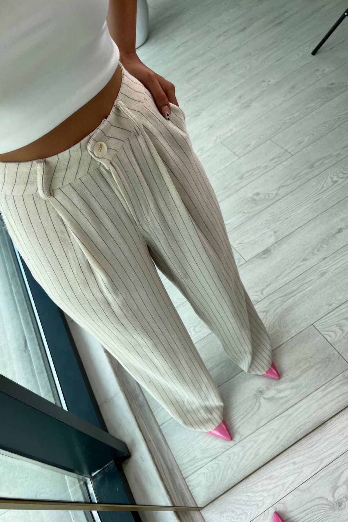 Taş%20Rengi%20Keten%20Çizgili%20Pantolon%20Yelek%20Takım