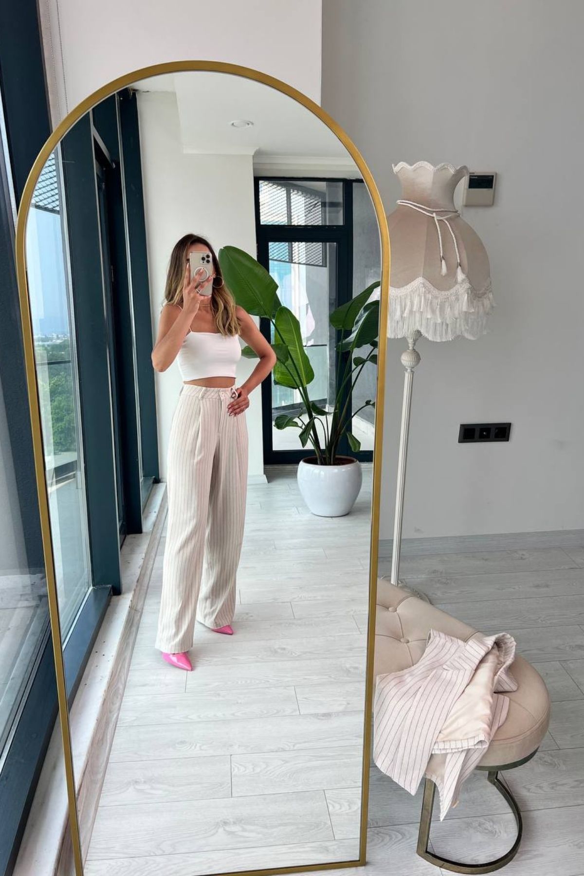 Taş%20Rengi%20Keten%20Çizgili%20Pantolon%20Yelek%20Takım