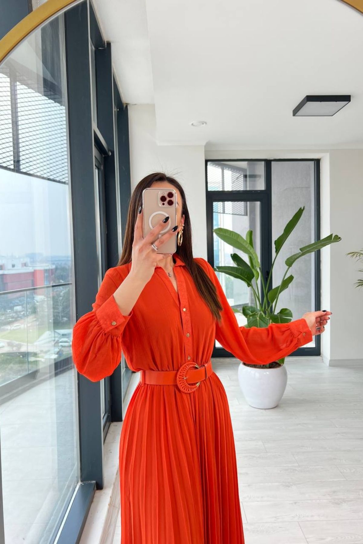 Orange Aerobin Şifon Piliseli Kemer Detaylı Elbise 