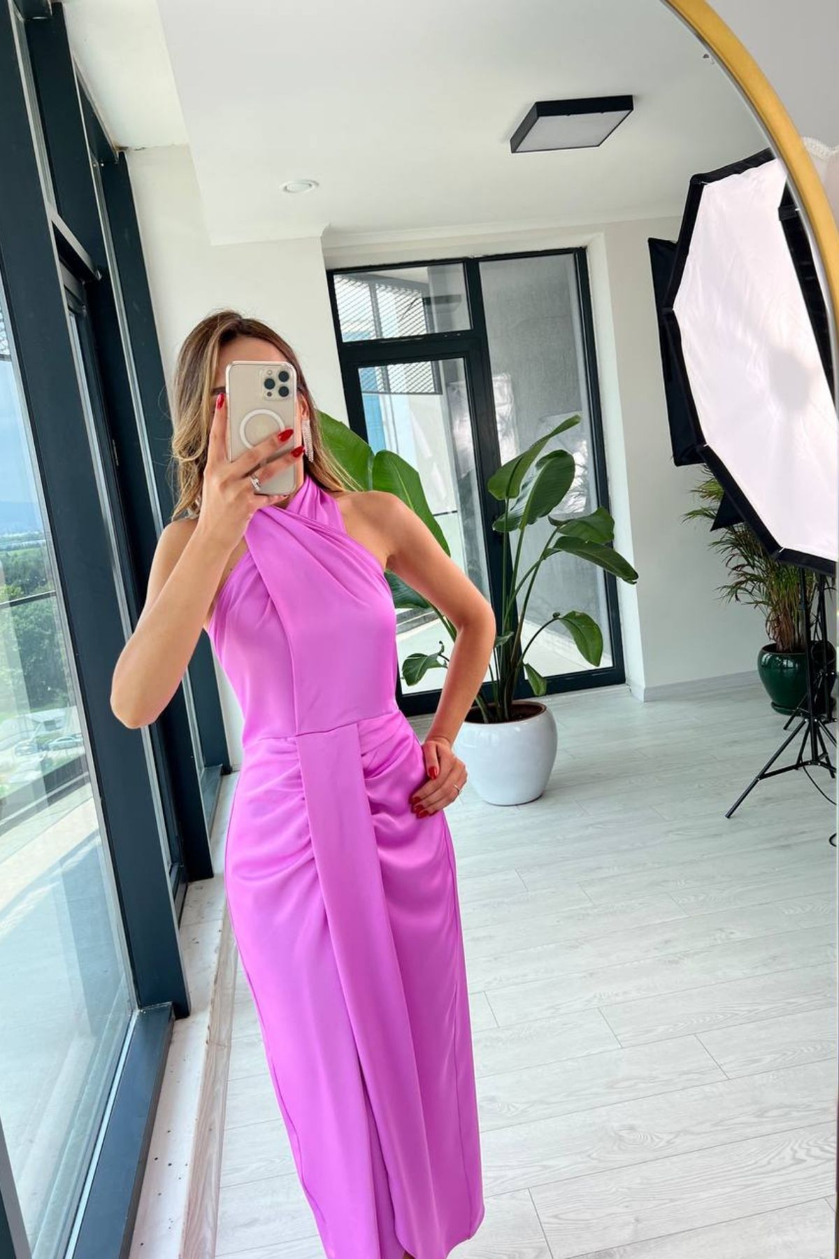 Tasarım%20Tok%20Saten%20Lila%20Bağlamalı%20Elbise
