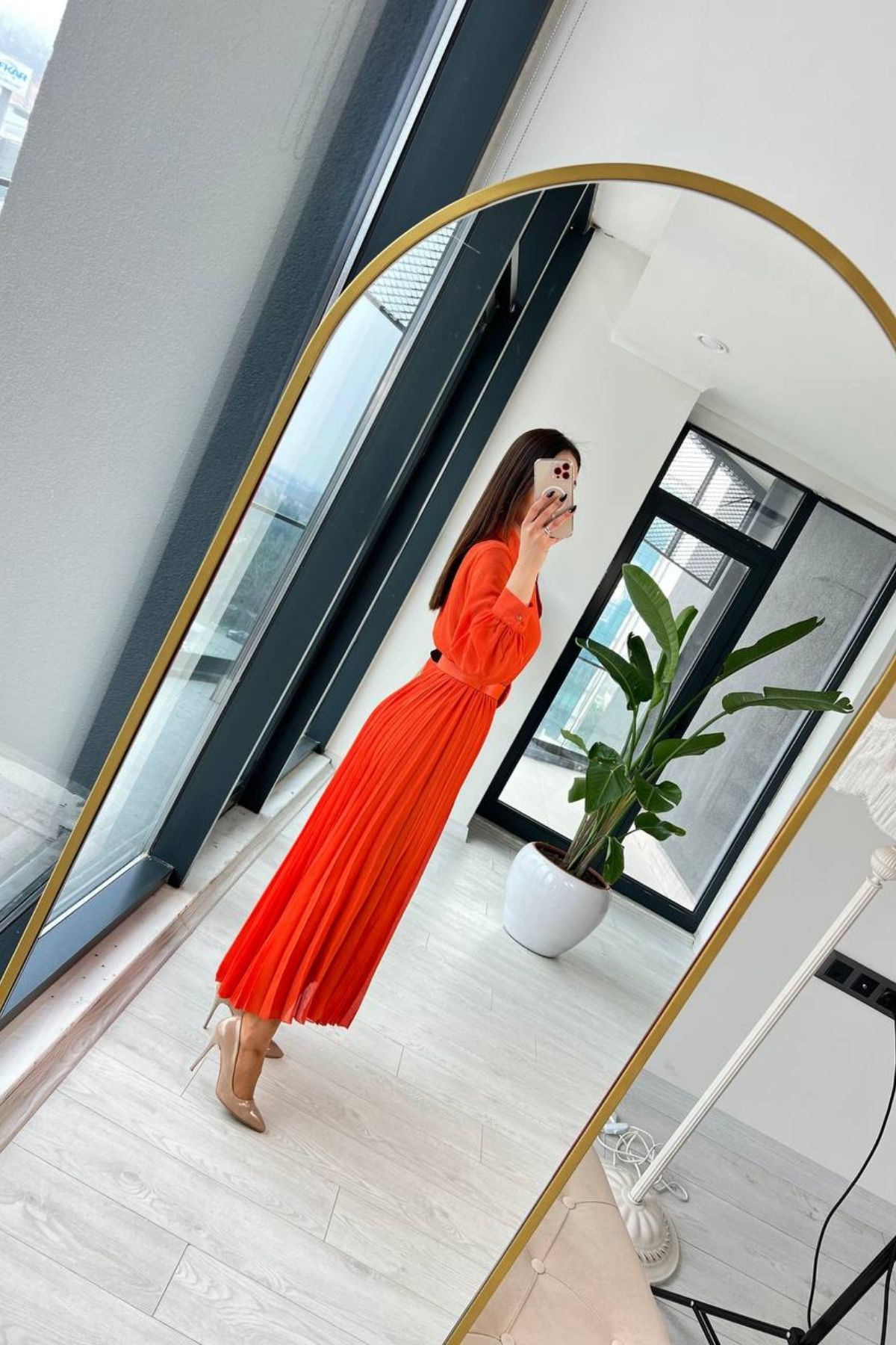 Orange Aerobin Şifon Piliseli Kemer Detaylı Elbise 