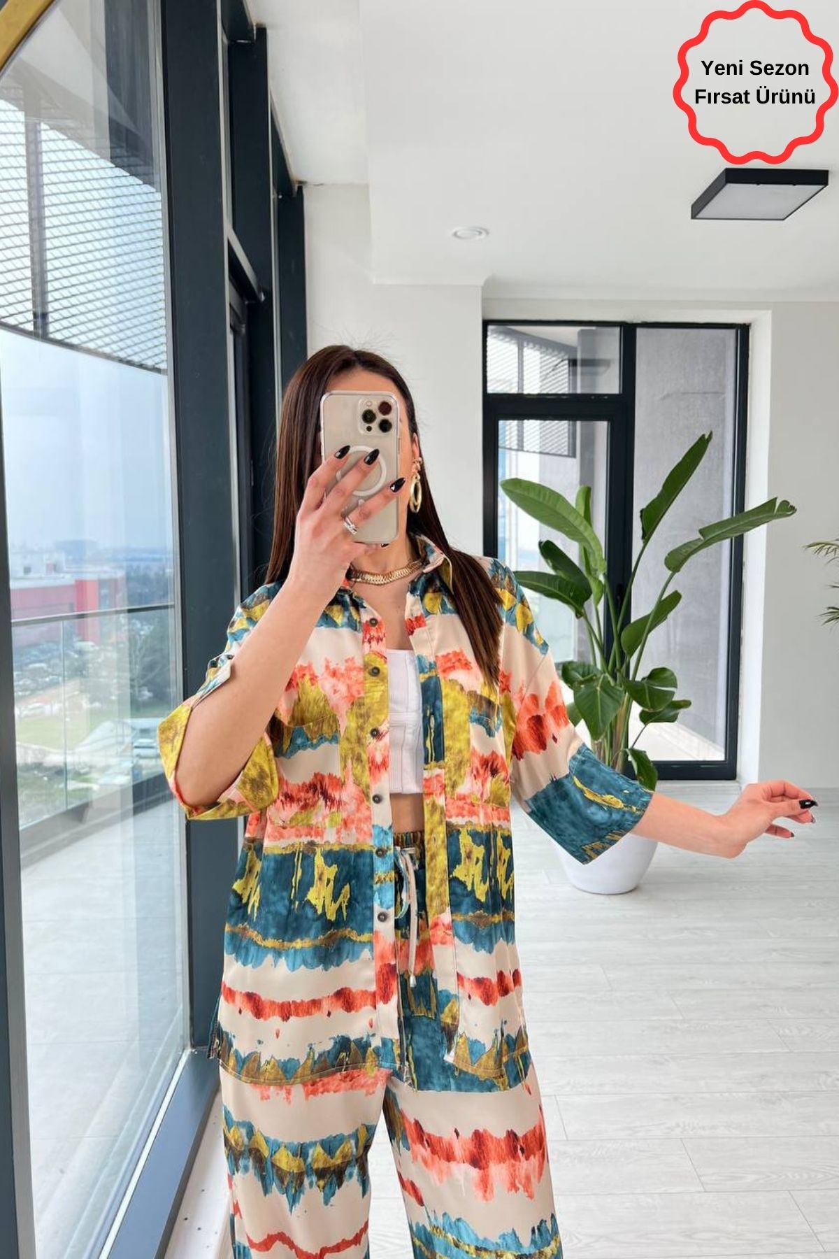 Yağ Yeşili Batik Desen Lüks Kalite Saten Takım