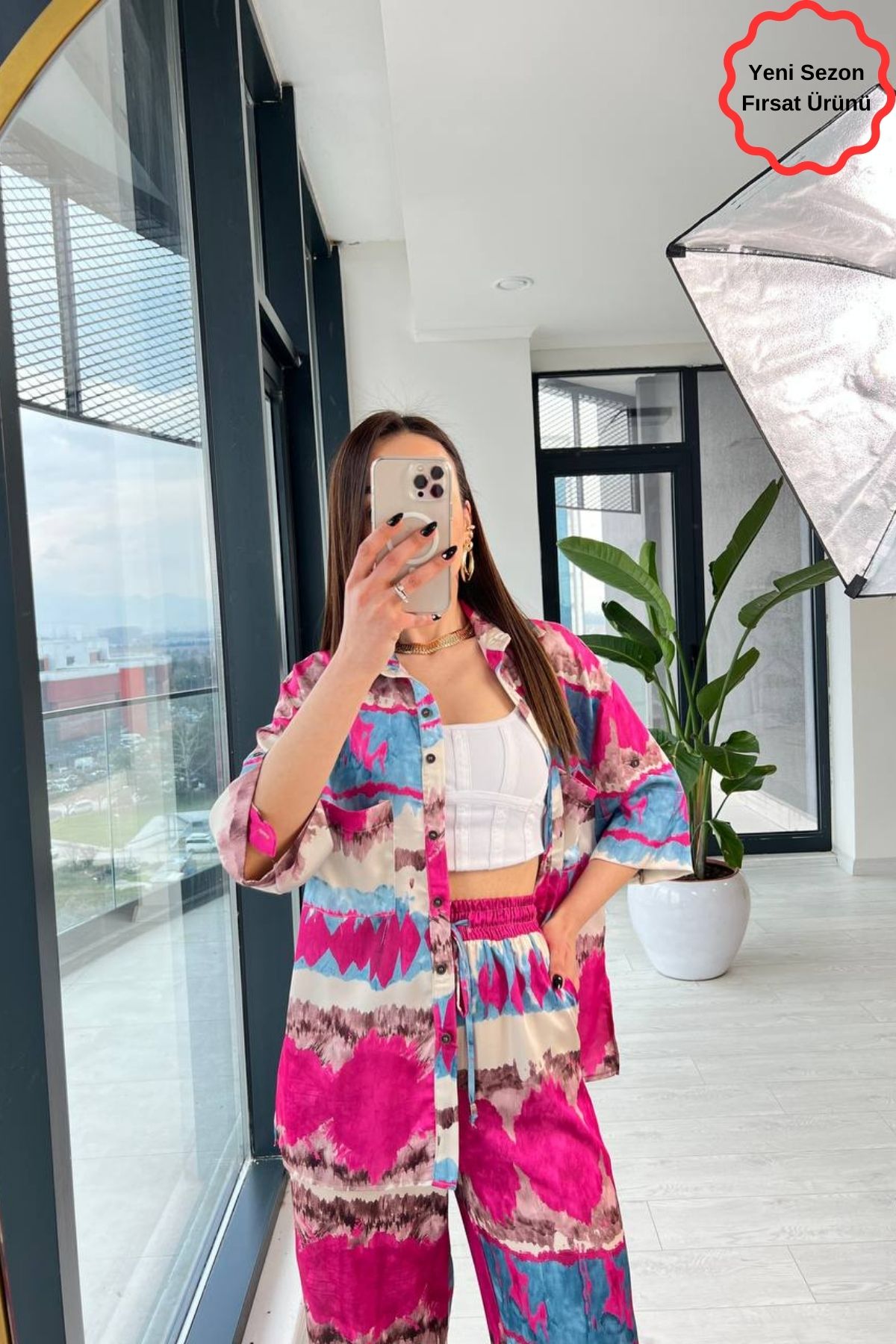 Fuşya Batik Desen Lüks Kalite Saten Takım