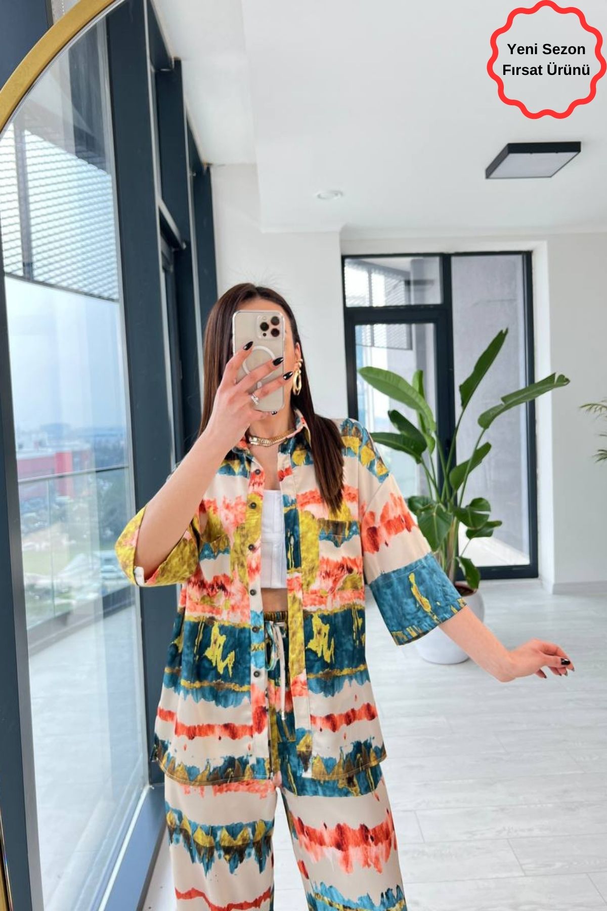 Yağ Yeşili Batik Desen Lüks Kalite Saten Takım