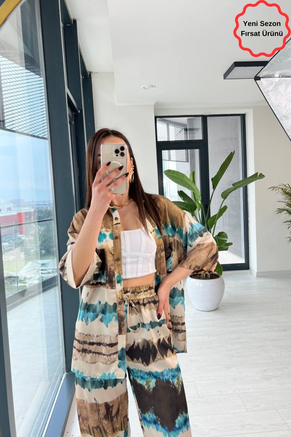 Mavi Batik Desen Lüks Kalite Saten Takım
