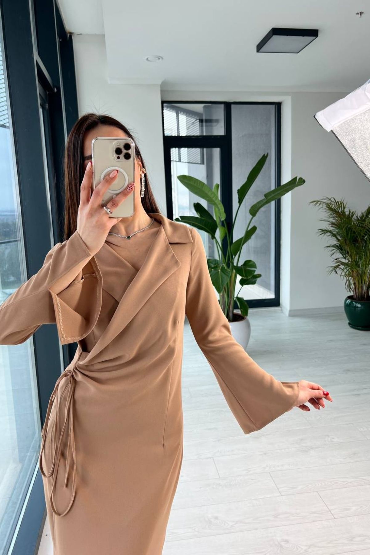 Camel Kol Detaylı Kruvaze Crep Elbise