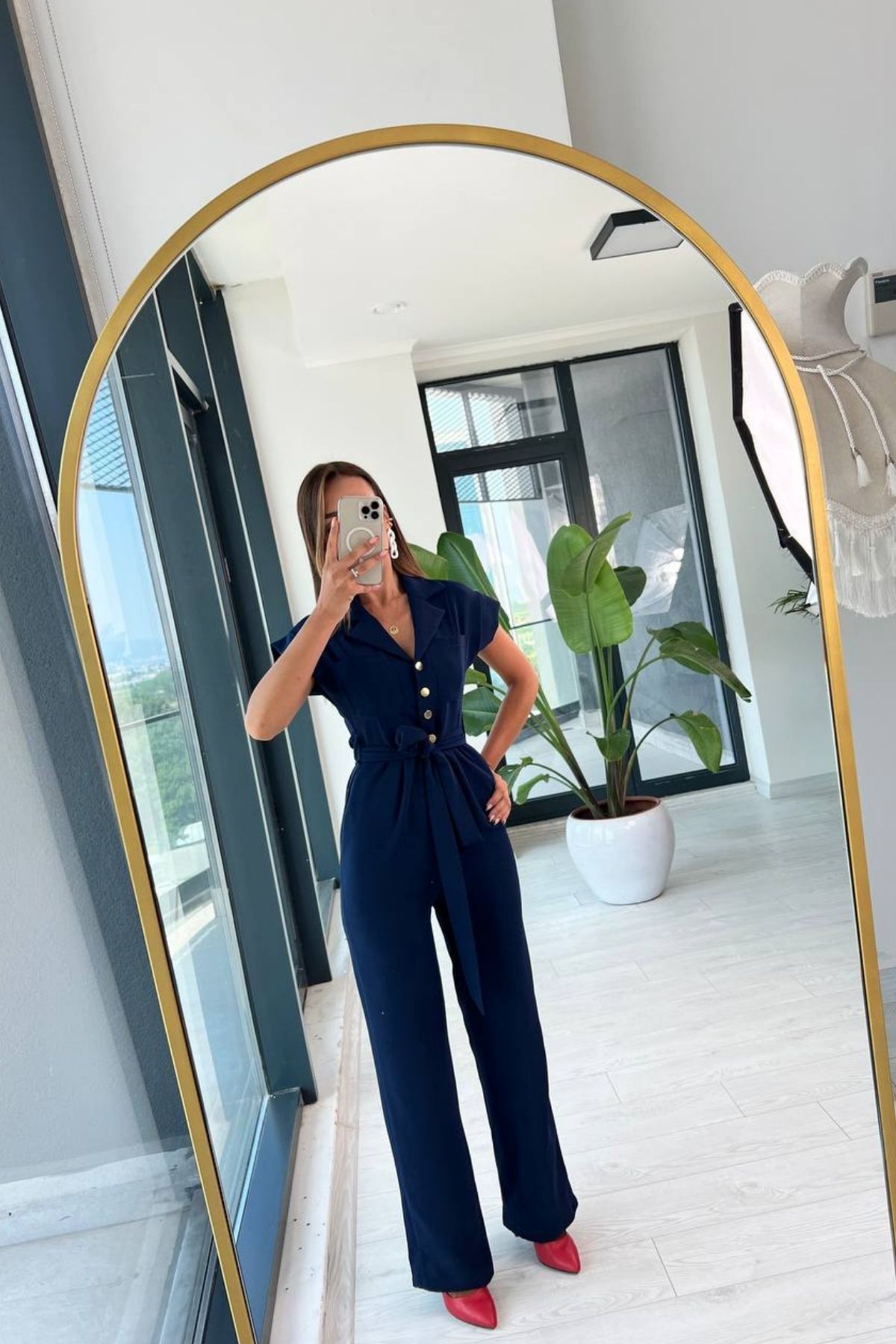 Lacivert%20Gold%20Düğme%20Detaylı%20ipekli%20Krep%20Tulum