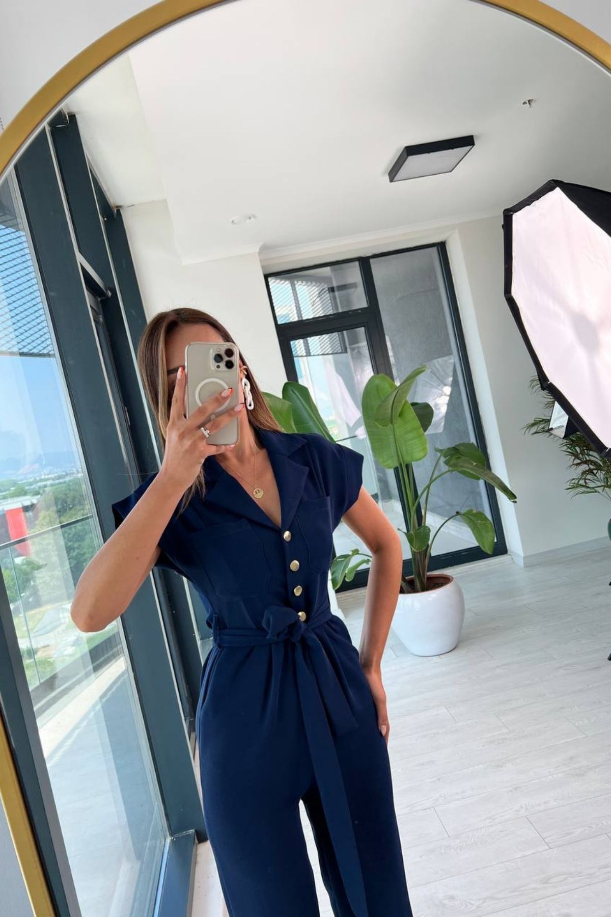 Lacivert%20Gold%20Düğme%20Detaylı%20ipekli%20Krep%20Tulum