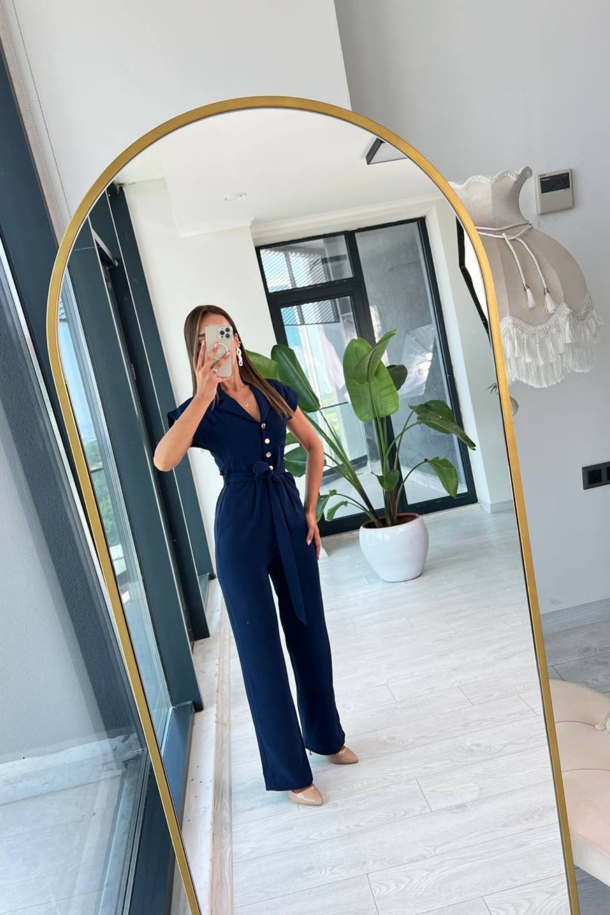 Lacivert%20Gold%20Düğme%20Detaylı%20ipekli%20Krep%20Tulum