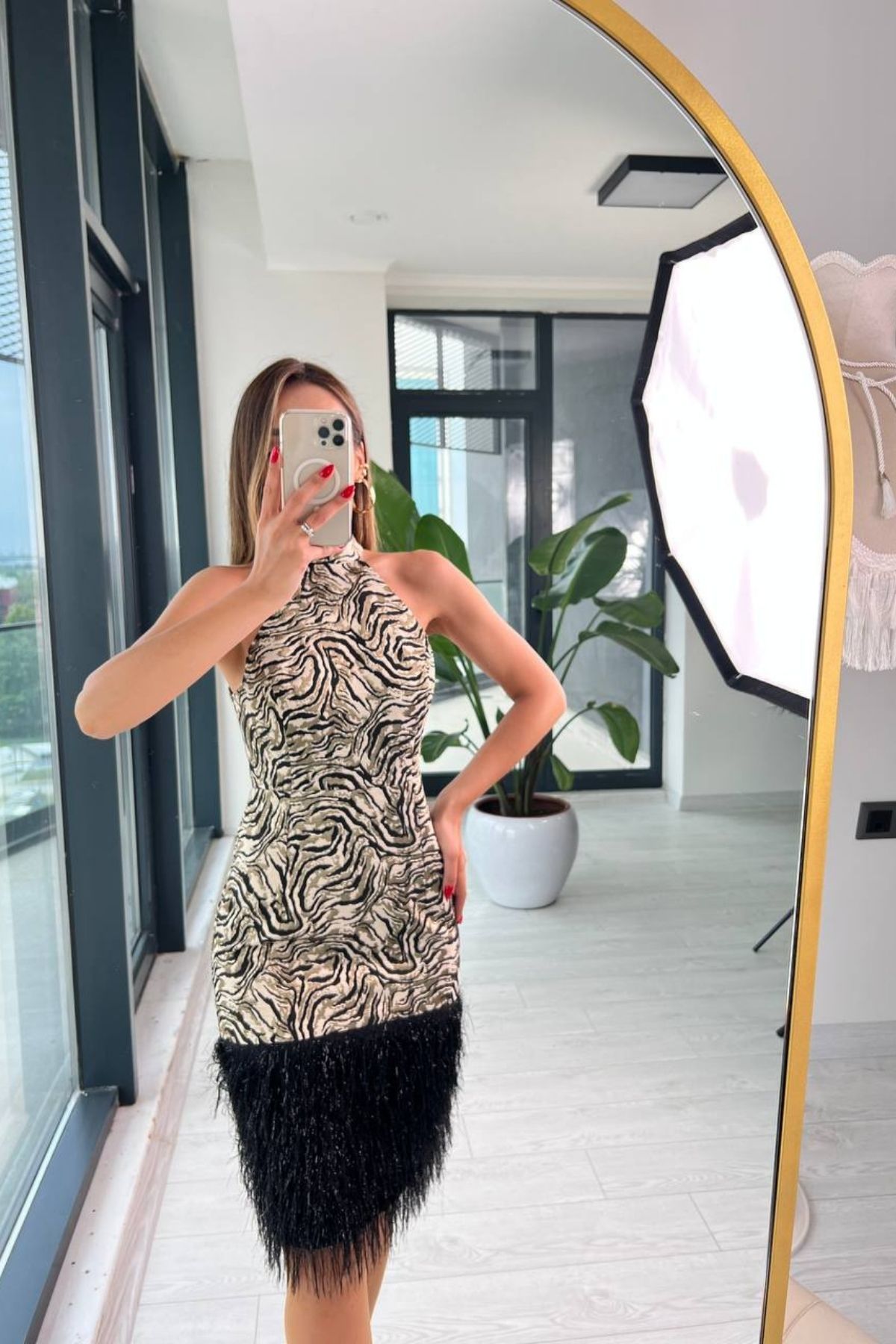 Tasarım%20Gold%20Zebra%20Desen%20Jakar%20Püsküllü%20Elbise