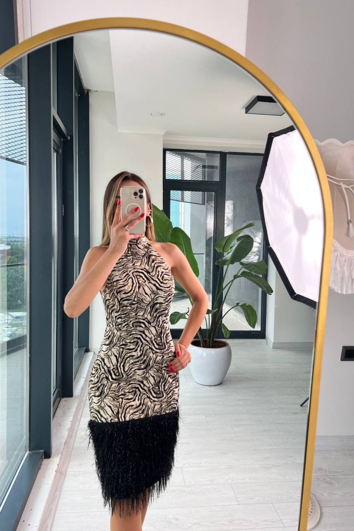 Tasarım%20Gold%20Zebra%20Desen%20Jakar%20Püsküllü%20Elbise