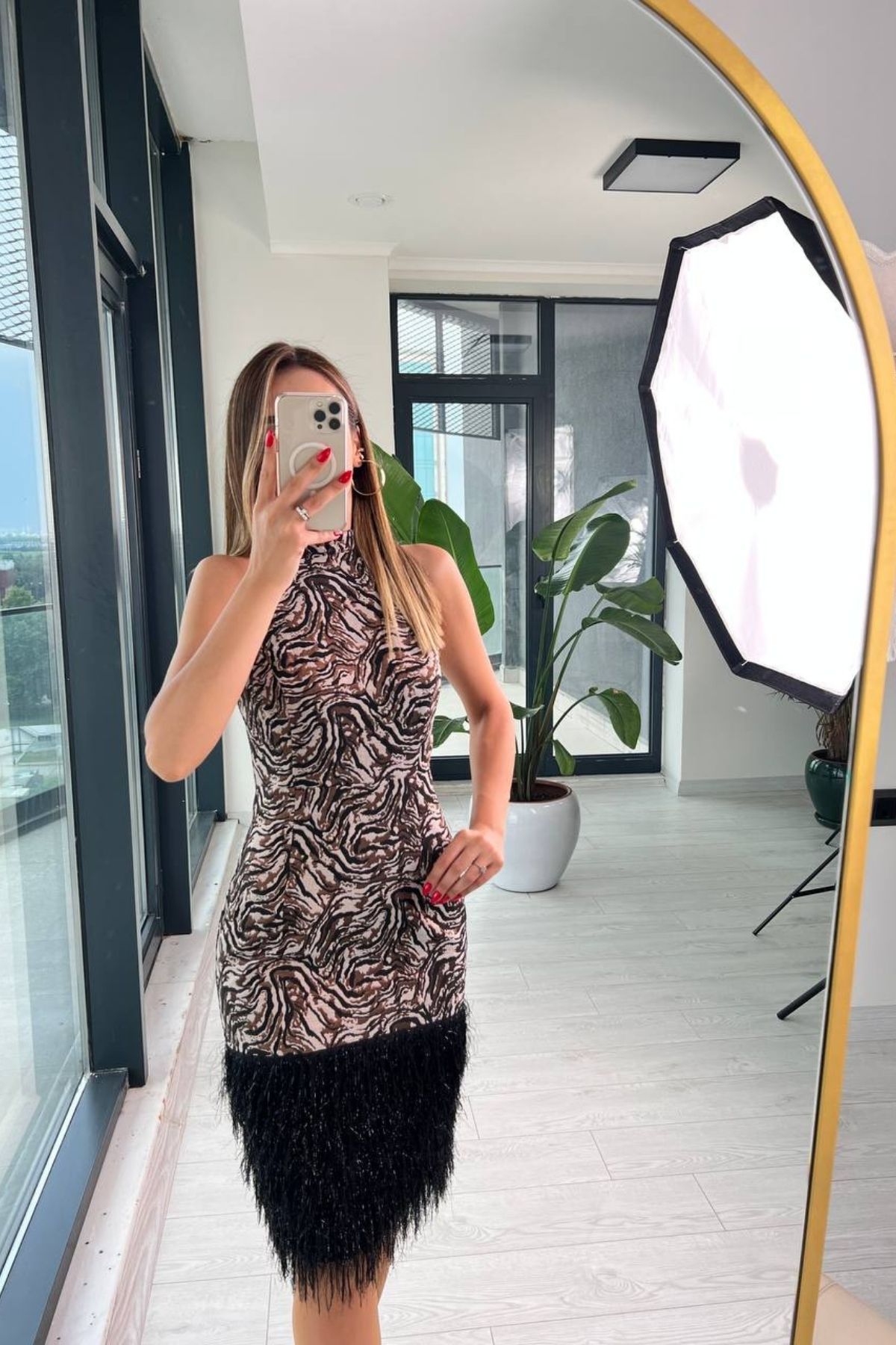 Tasarım%20Bronz%20Kahve%20Zebra%20Desen%20Jakar%20Püsküllü%20Elbise