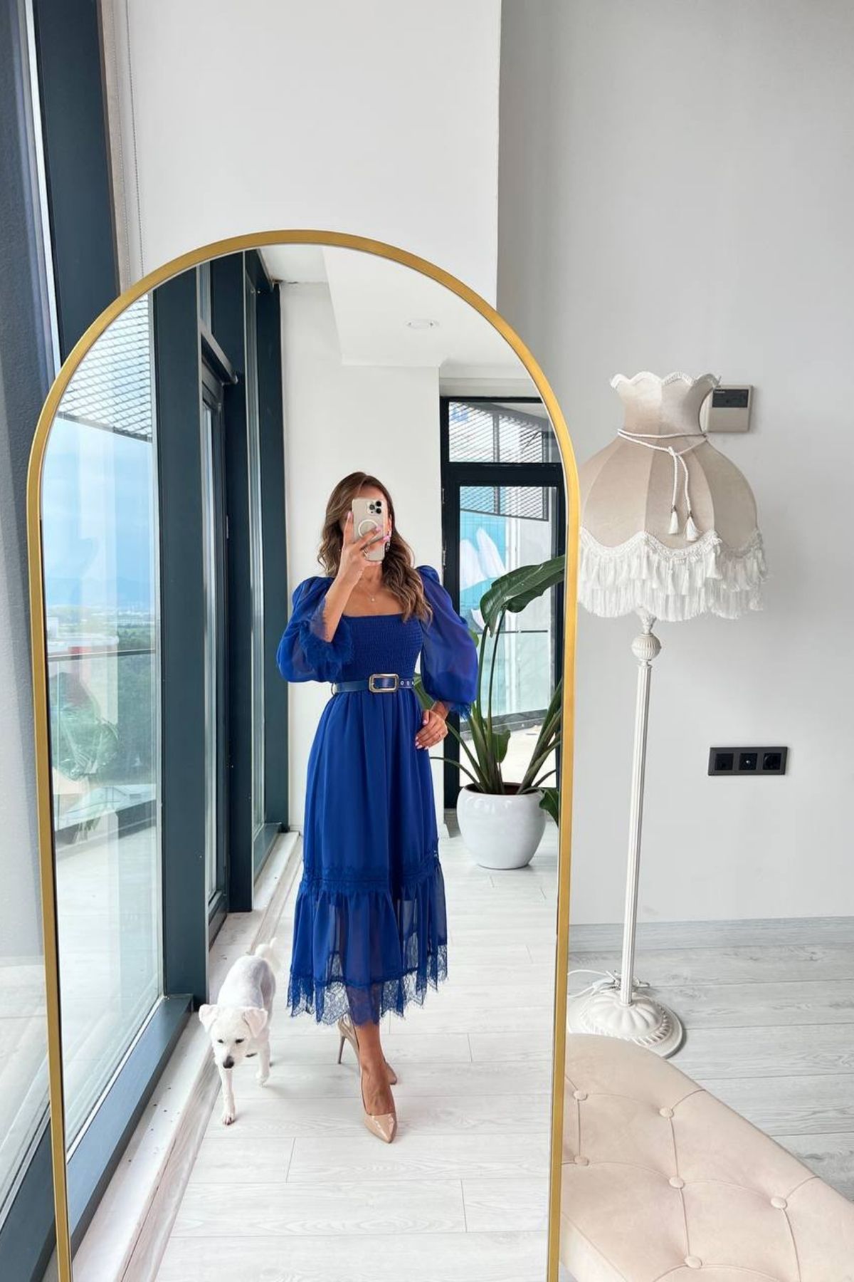 Saks%20Mavi%20Dantel%20Detaylı%20Kemerli%20Şifon%20Elbise