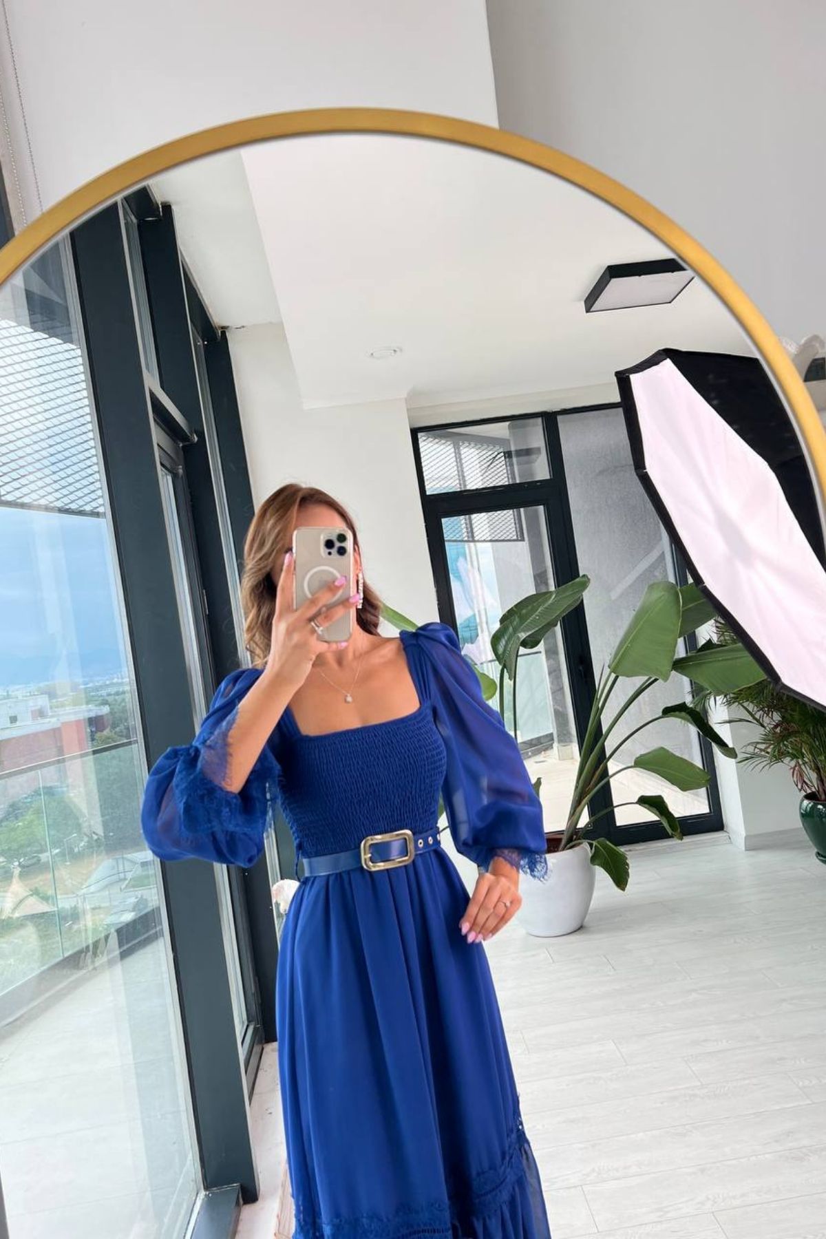 Saks%20Mavi%20Dantel%20Detaylı%20Kemerli%20Şifon%20Elbise