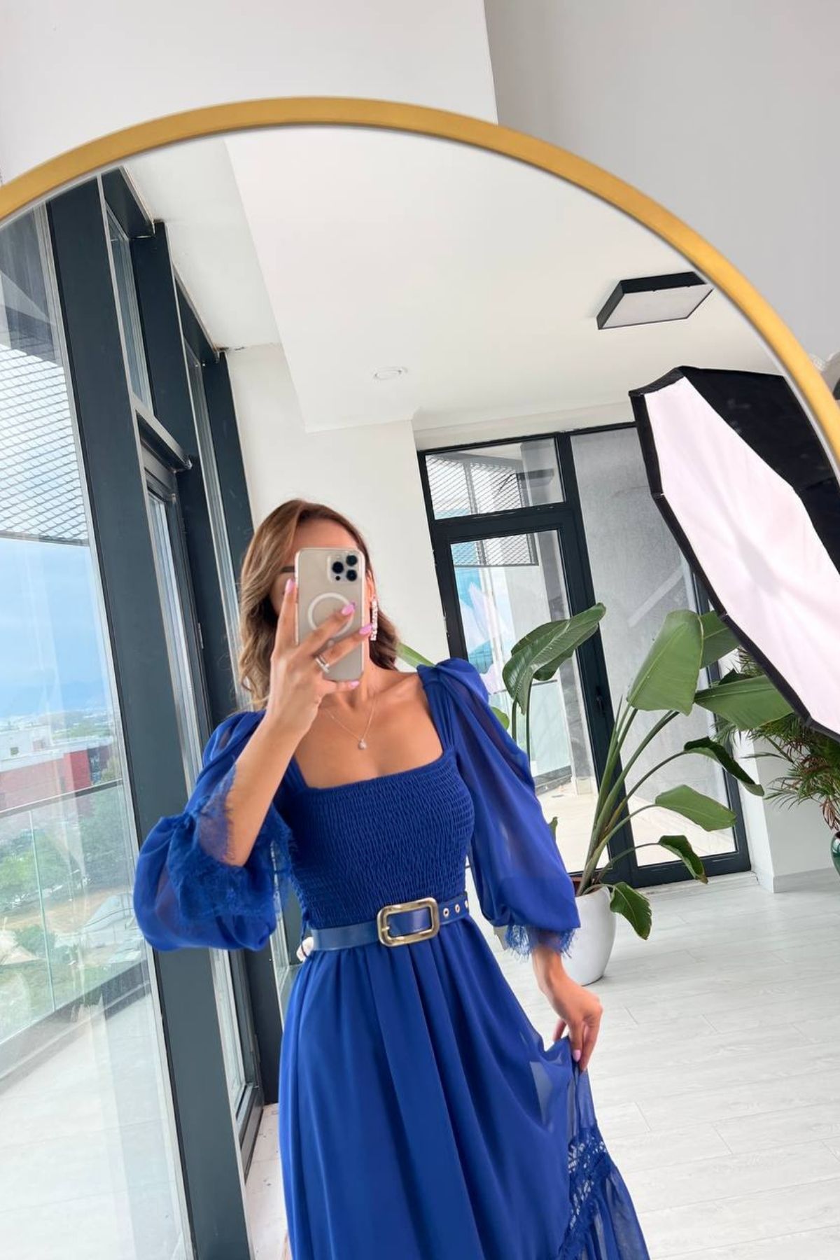 Saks%20Mavi%20Dantel%20Detaylı%20Kemerli%20Şifon%20Elbise
