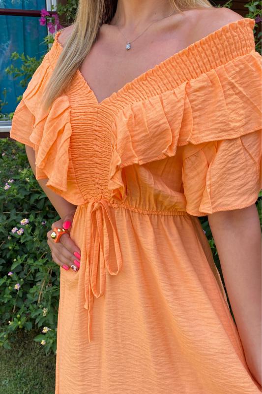 Orange%20Volan%20Detaylı%20Keten%20Elbise