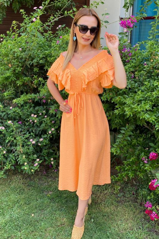 Orange%20Volan%20Detaylı%20Keten%20Elbise