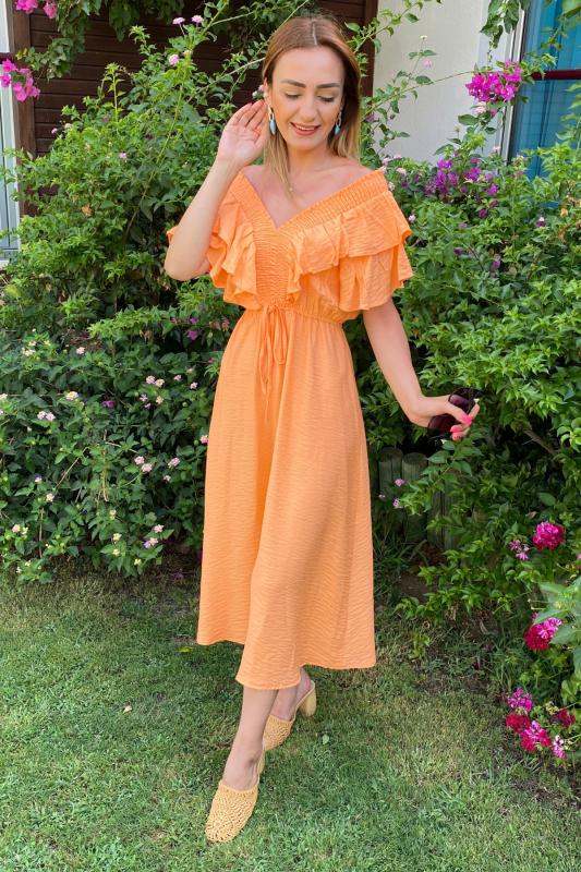 Orange%20Volan%20Detaylı%20Keten%20Elbise