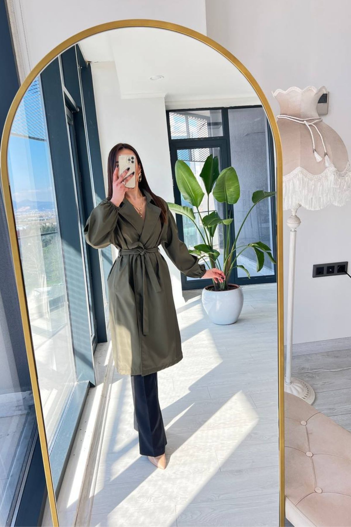 Standart%20Beden%20Yeşil%20Balon%20Kol%20Tasarım%20Trençkot