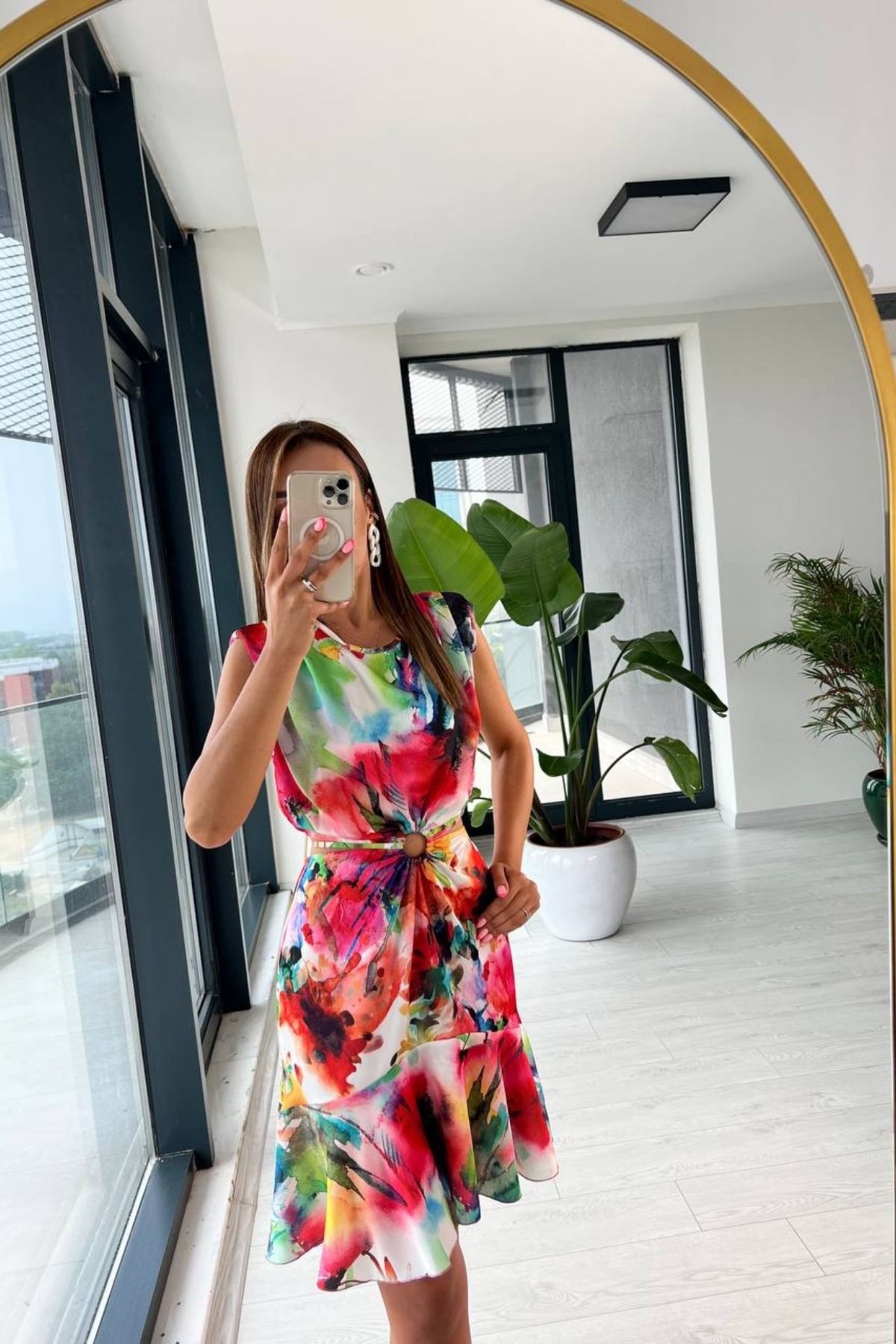 Tasarım%20Bel%20Detaylı%20Renkli%20Desen%20Pamuk%20Saten%20Elbise