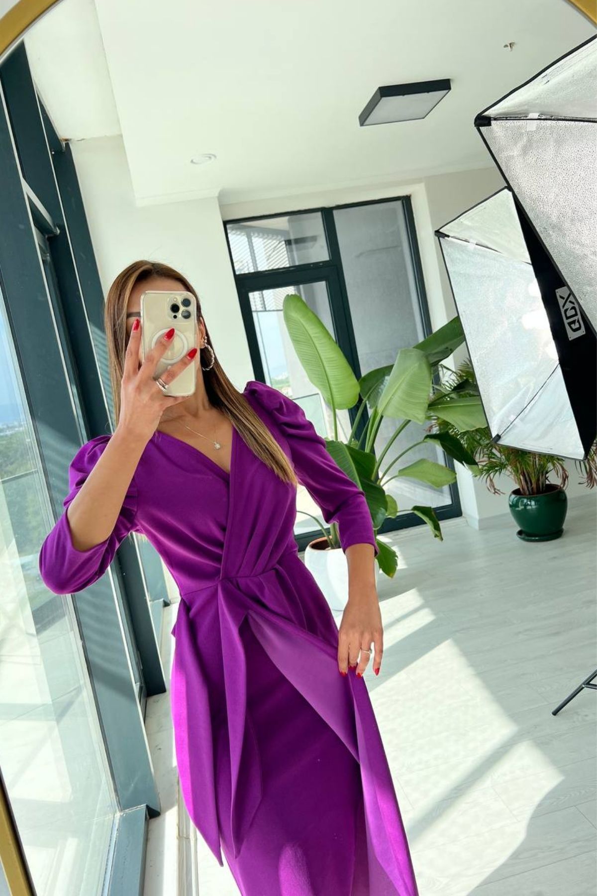Mor%20Bağlama%20Detaylı%20Crep%20Kalem%20Elbise