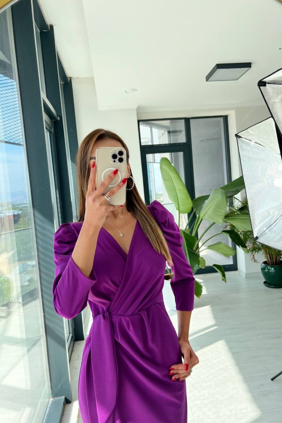 Mor%20Bağlama%20Detaylı%20Crep%20Kalem%20Elbise