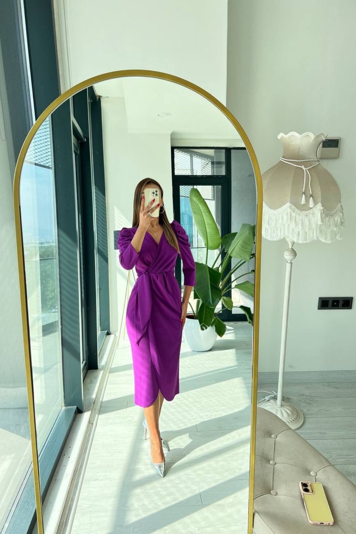 Mor%20Bağlama%20Detaylı%20Crep%20Kalem%20Elbise