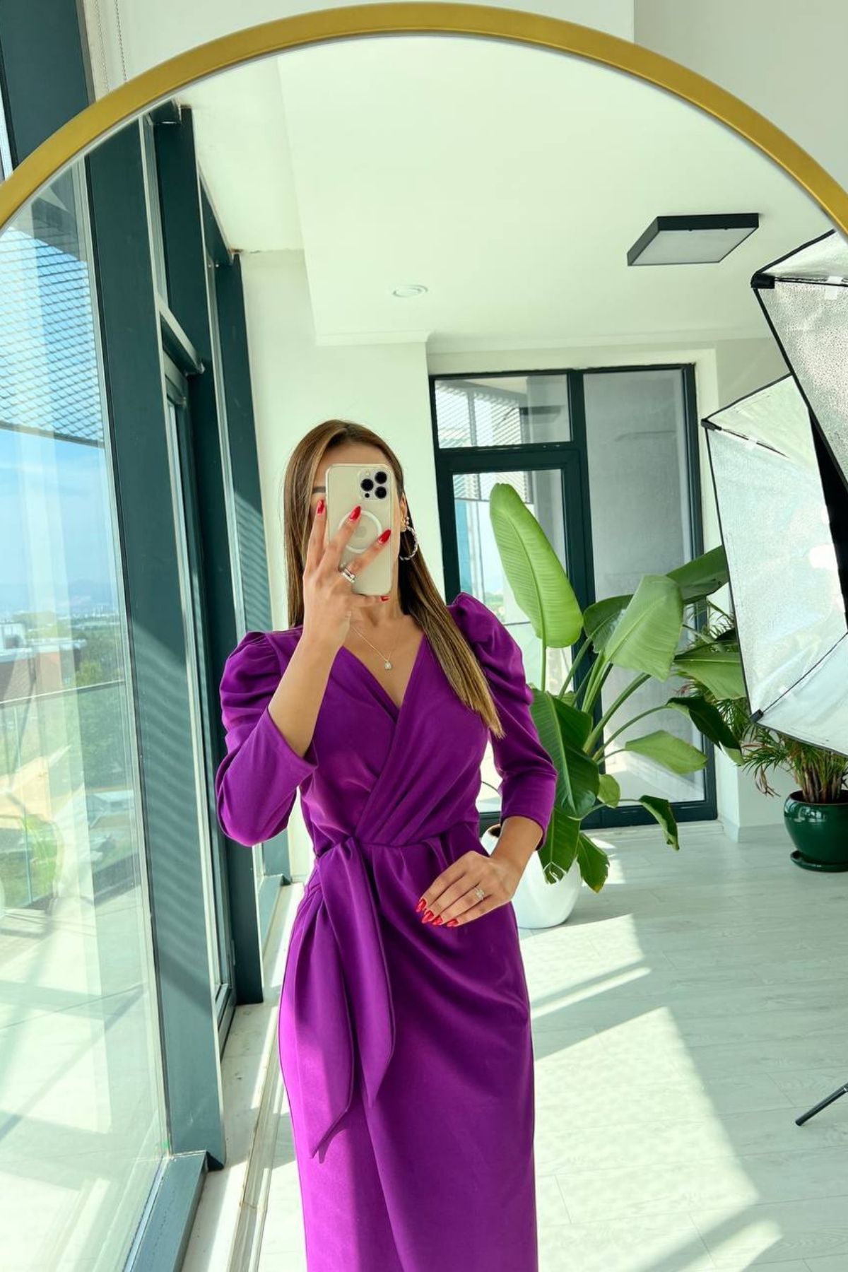 Mor%20Bağlama%20Detaylı%20Crep%20Kalem%20Elbise