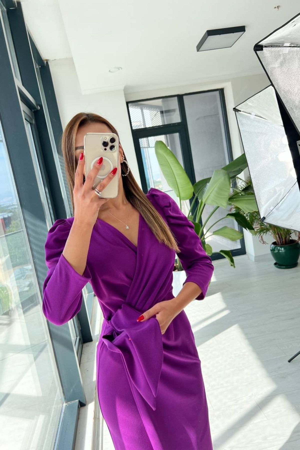 Mor%20Bağlama%20Detaylı%20Crep%20Kalem%20Elbise