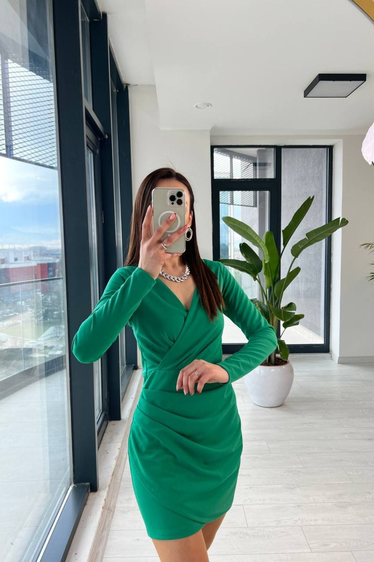 Yeşil Mini Crep  Zara Model Elbise