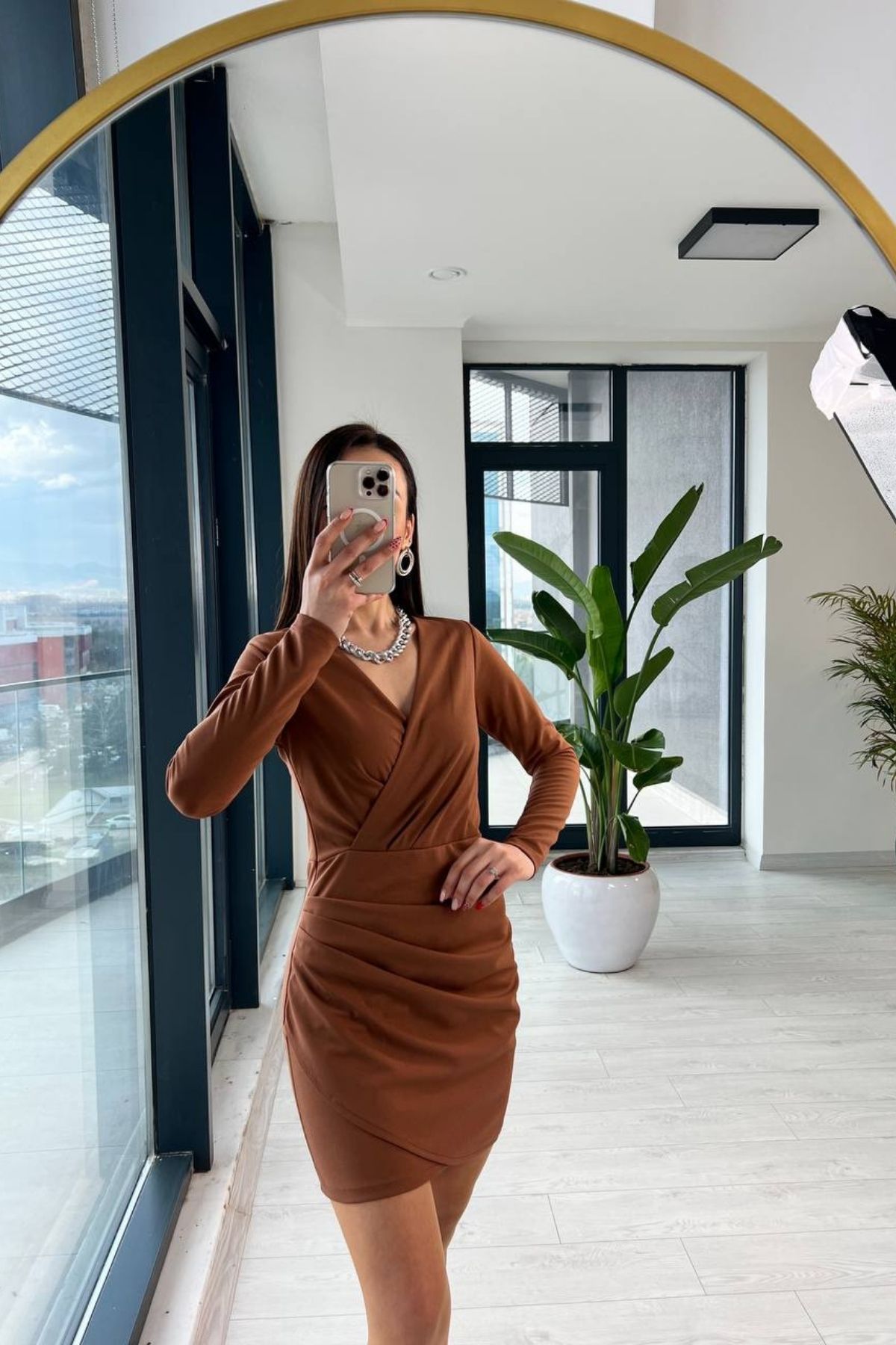 Kahverengi Mini Crep  Zara Model Elbise