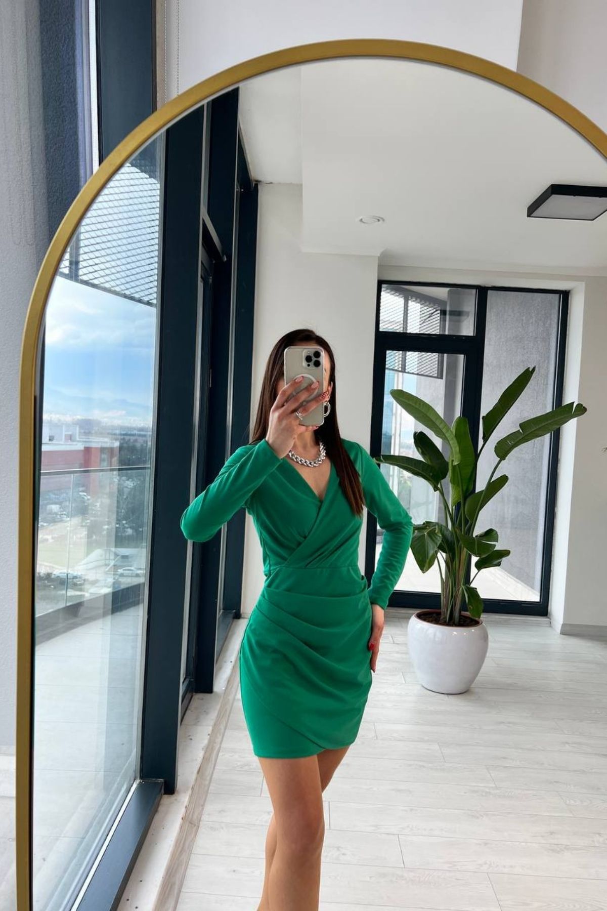 Yeşil Mini Crep  Zara Model Elbise