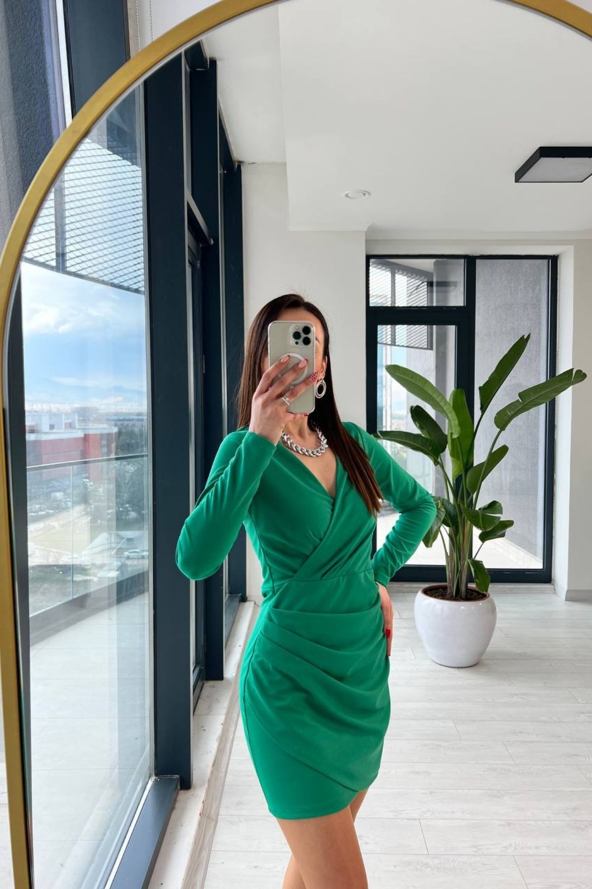 Yeşil Mini Crep  Zara Model Elbise