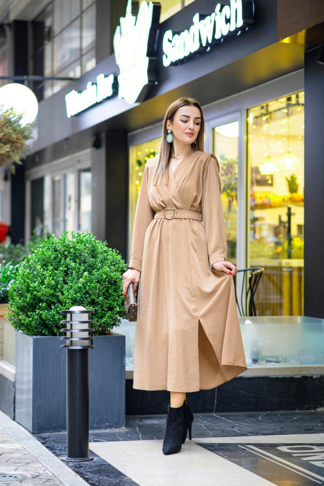 Camel%20Tensel%20Kumaş%20Astarlı%20Elbise