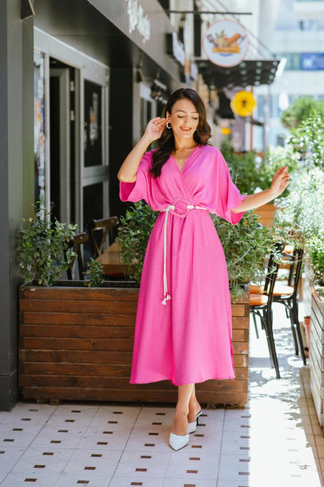 Pembe%20Krinkıl%20Kumaş%20Astarlı%20Kemerli%20Elbise