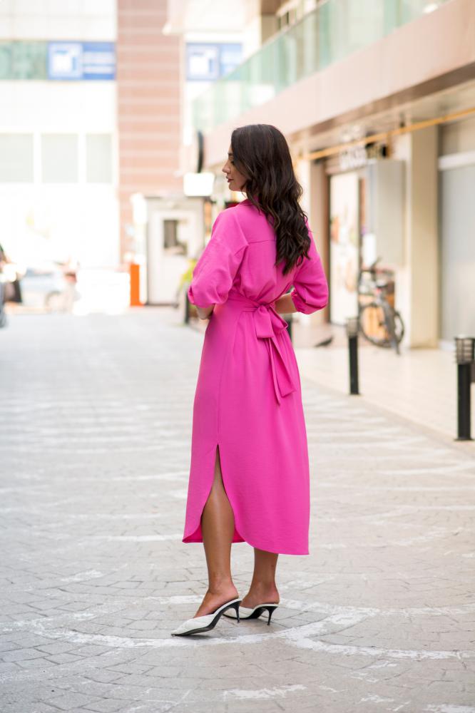 Pembe%20Bel%20Detaylı%20Yarasa%20Kol%20Elbise