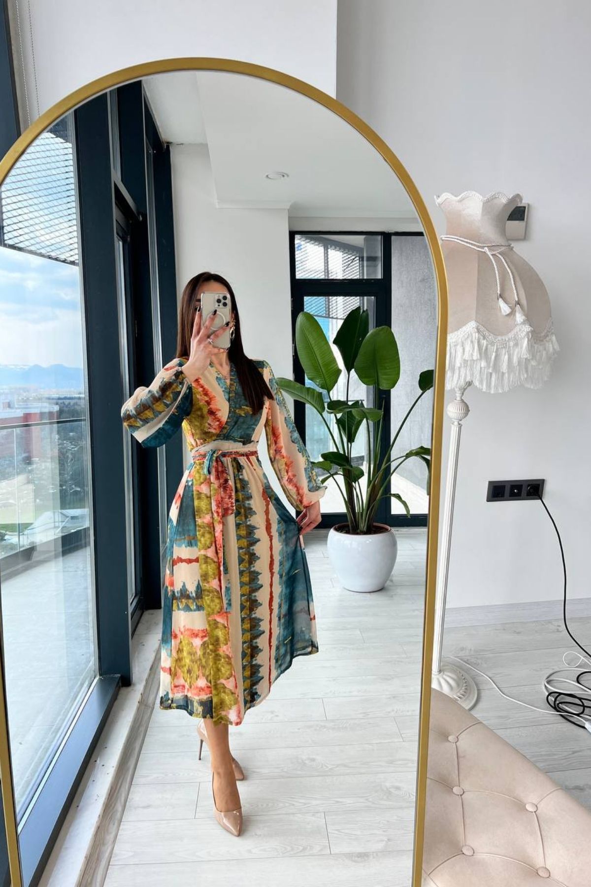 Anvelop%20Şifon%20Astarlı%20Yağ%20Yeşili%20Desenli%20Elbise