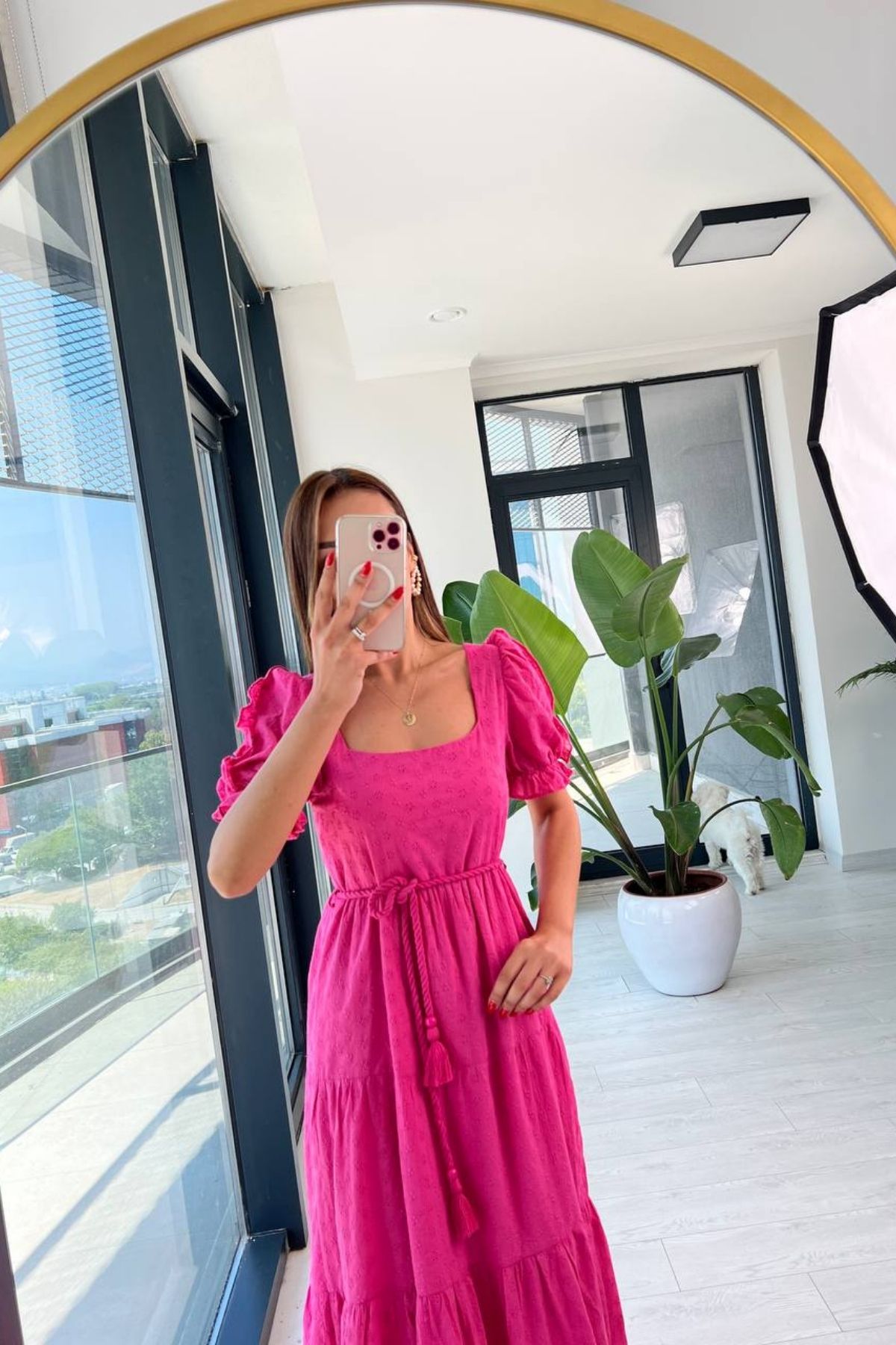 Pembe%20Kare%20Yaka%20Astarlı%20Fisto%20Elbise