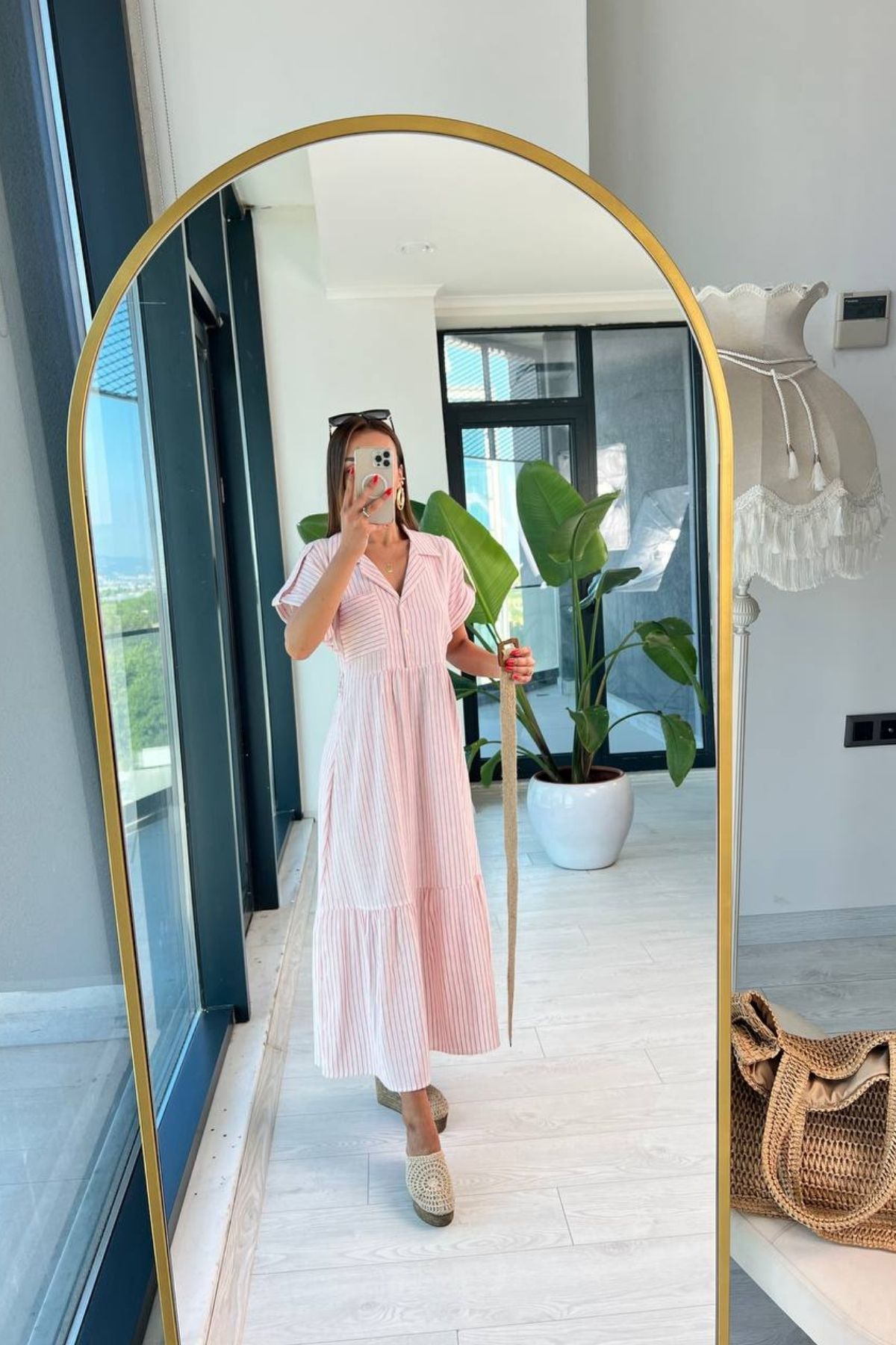 Pembe%20Çizgili%20Lüks%20Kalite%20Keten%20Elbise%20Hasır%20Kemerli