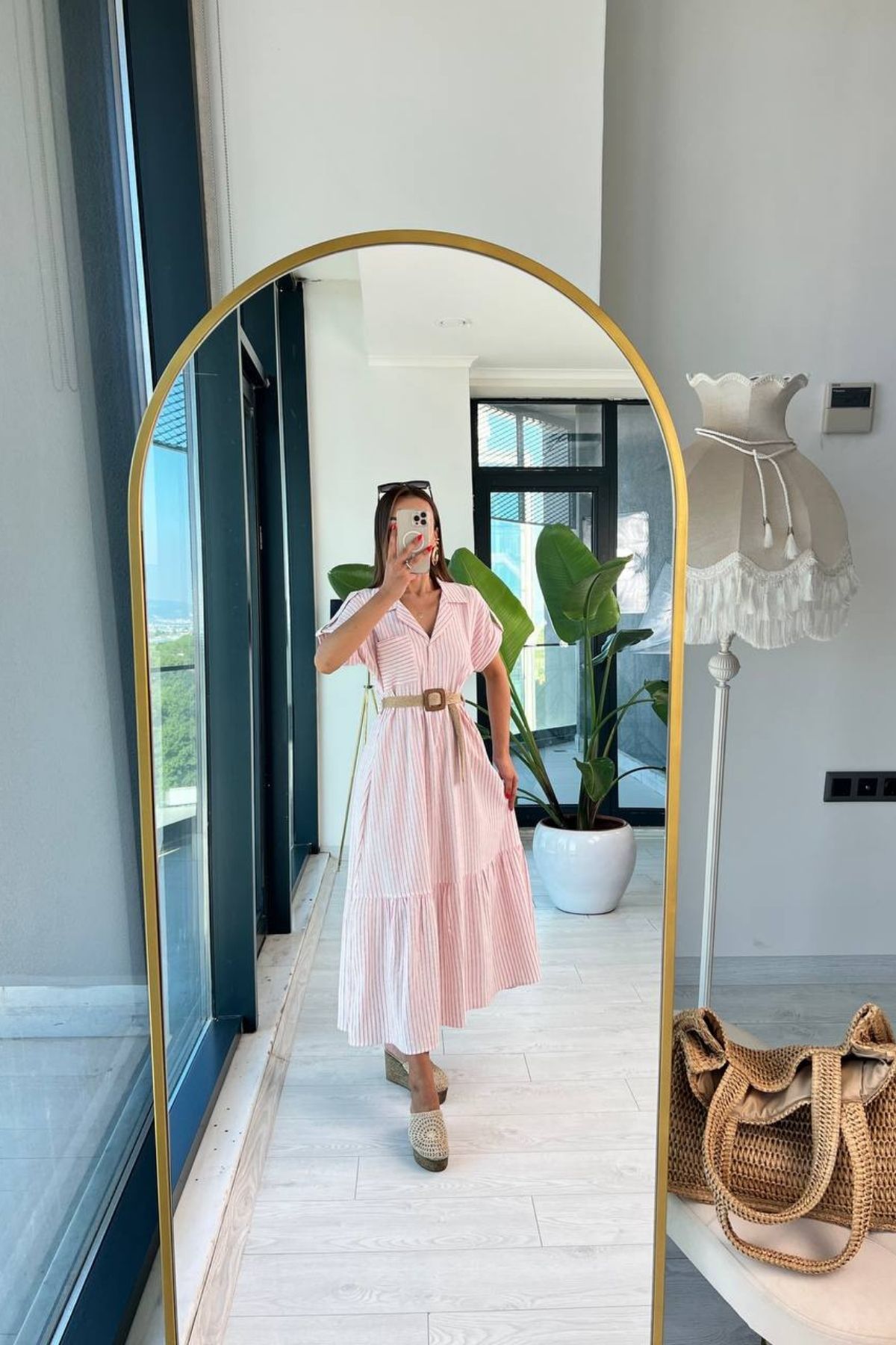 Pembe%20Çizgili%20Lüks%20Kalite%20Keten%20Elbise%20Hasır%20Kemerli